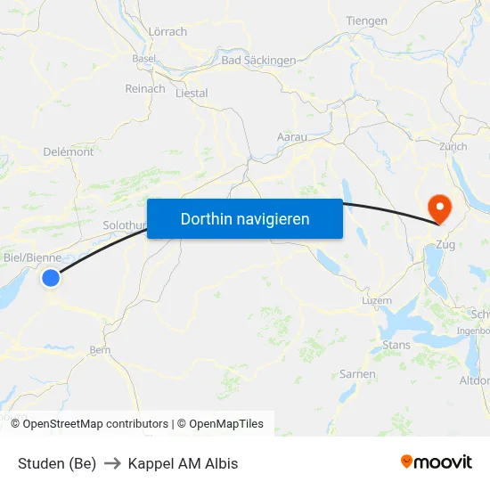Studen (Be) to Kappel AM Albis map