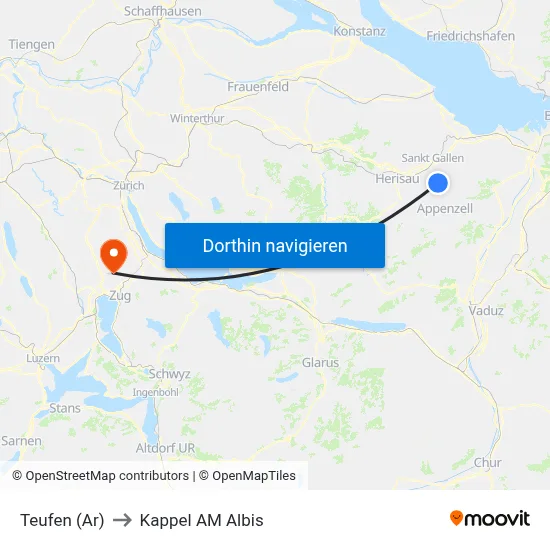 Teufen (Ar) to Kappel AM Albis map