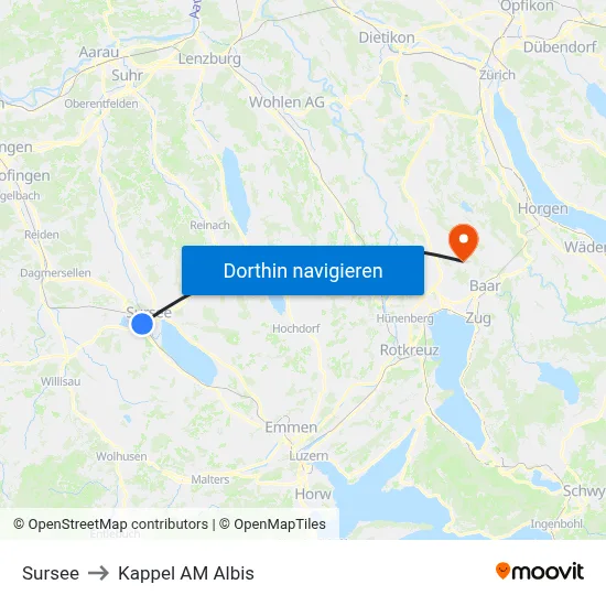 Sursee to Kappel AM Albis map