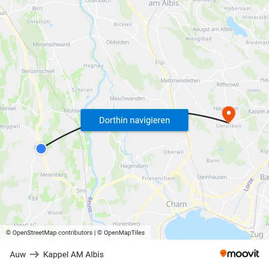 Auw to Kappel AM Albis map