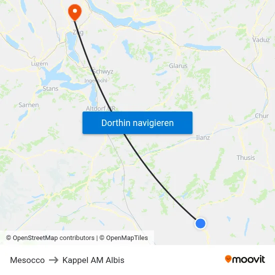 Mesocco to Kappel AM Albis map