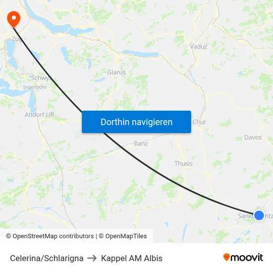 Celerina/Schlarigna to Kappel AM Albis map