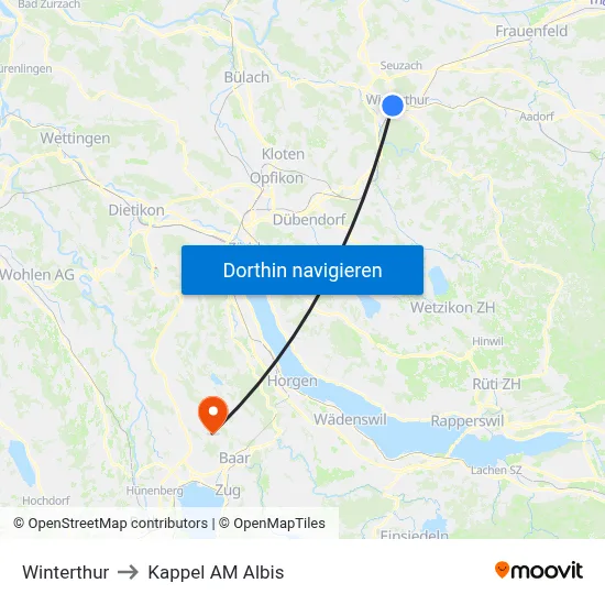 Winterthur to Kappel AM Albis map