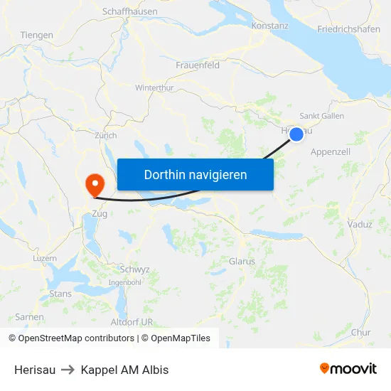 Herisau to Kappel AM Albis map