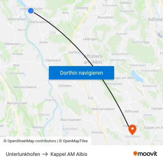 Unterlunkhofen to Kappel AM Albis map