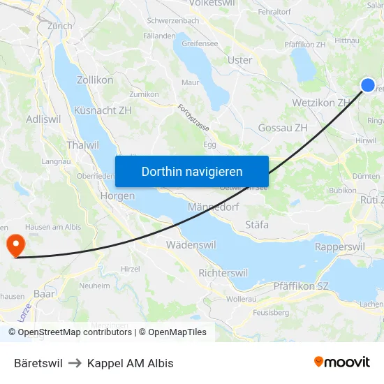 Bäretswil to Kappel AM Albis map