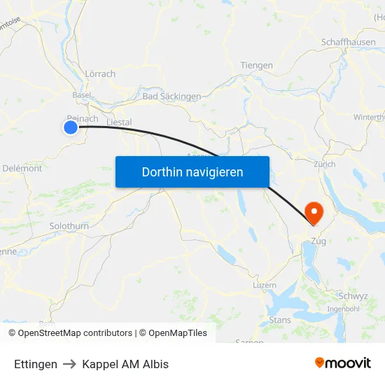 Ettingen to Kappel AM Albis map