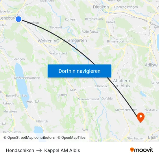 Hendschiken to Kappel AM Albis map