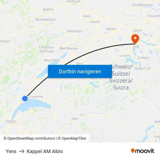 Yens to Kappel AM Albis map