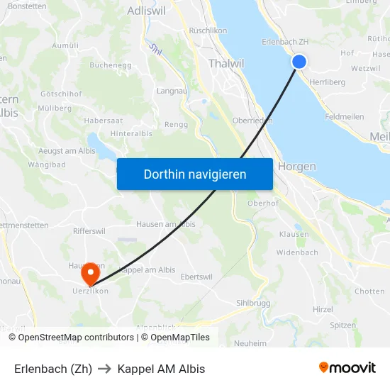 Erlenbach (Zh) to Kappel AM Albis map