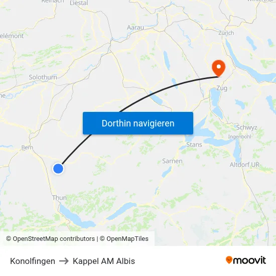 Konolfingen to Kappel AM Albis map