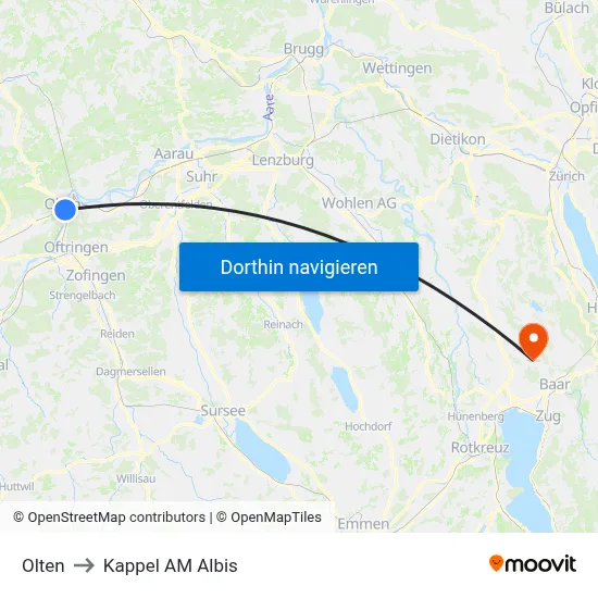 Olten to Kappel AM Albis map