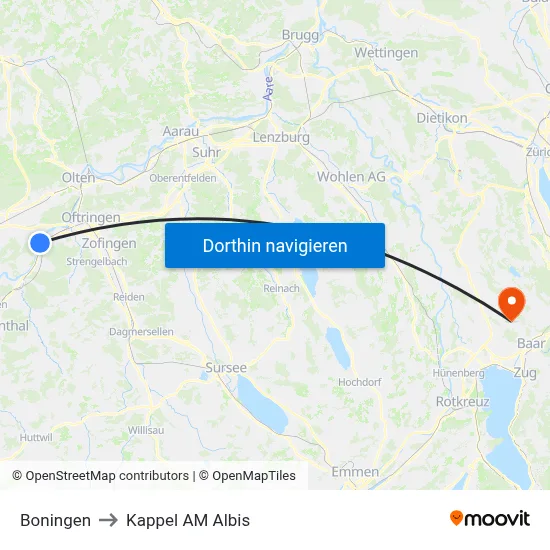 Boningen to Kappel AM Albis map