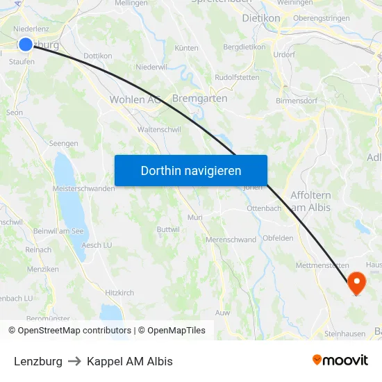 Lenzburg to Kappel AM Albis map