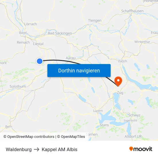 Waldenburg to Kappel AM Albis map