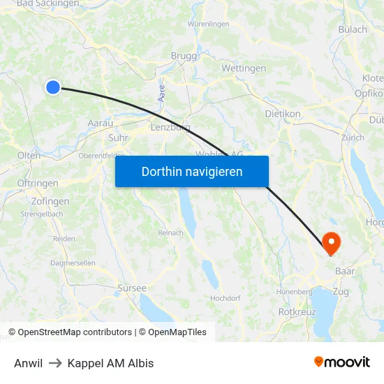 Anwil to Kappel AM Albis map