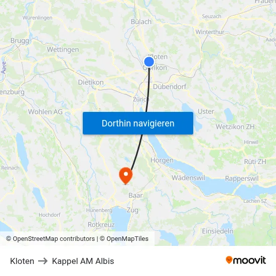 Kloten to Kappel AM Albis map
