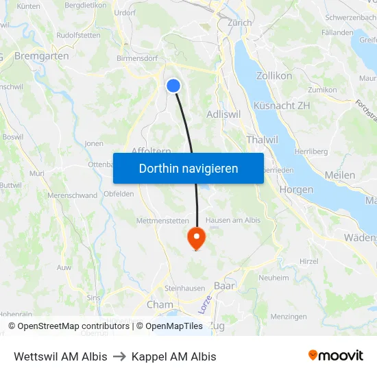 Wettswil AM Albis to Kappel AM Albis map