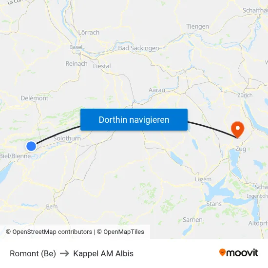 Romont (Be) to Kappel AM Albis map