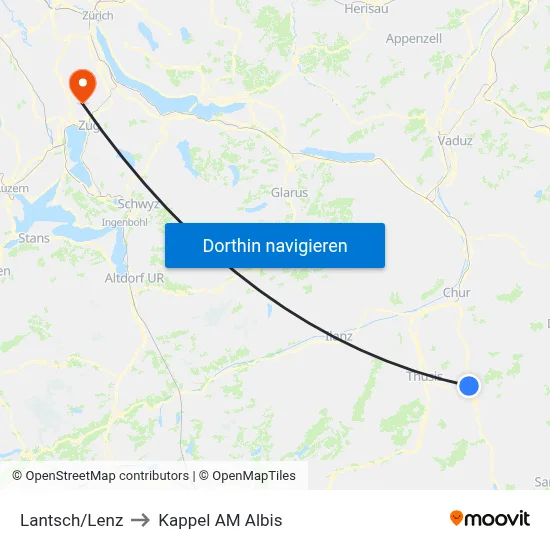 Lantsch/Lenz to Kappel AM Albis map