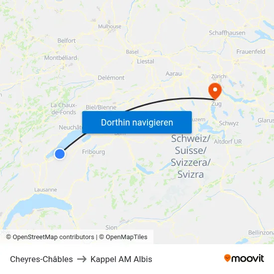 Cheyres-Châbles to Kappel AM Albis map
