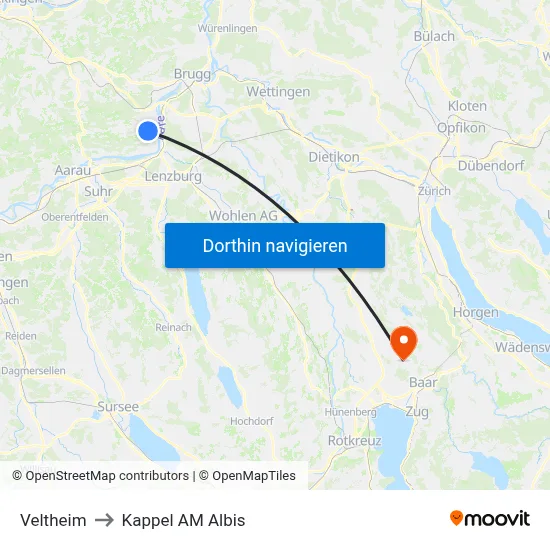 Veltheim to Kappel AM Albis map