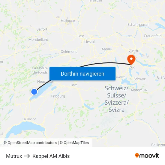 Mutrux to Kappel AM Albis map