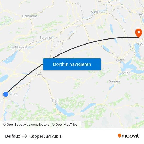 Belfaux to Kappel AM Albis map