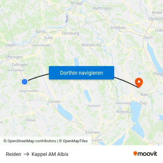 Reiden to Kappel AM Albis map