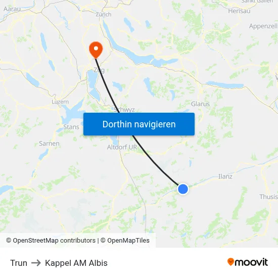 Trun to Kappel AM Albis map