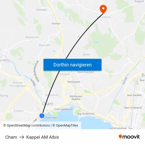 Cham to Kappel AM Albis map