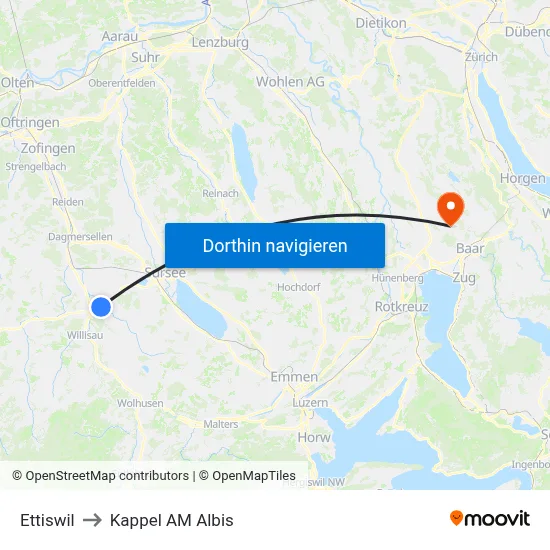 Ettiswil to Kappel AM Albis map