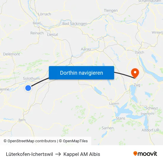 Lüterkofen-Ichertswil to Kappel AM Albis map