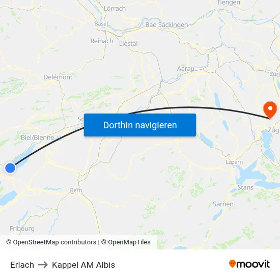 Erlach to Kappel AM Albis map