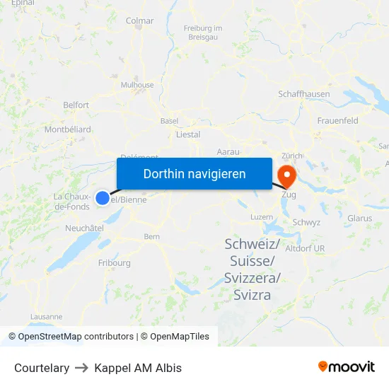 Courtelary to Kappel AM Albis map