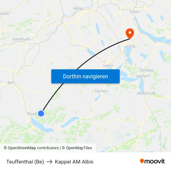 Teuffenthal (Be) to Kappel AM Albis map