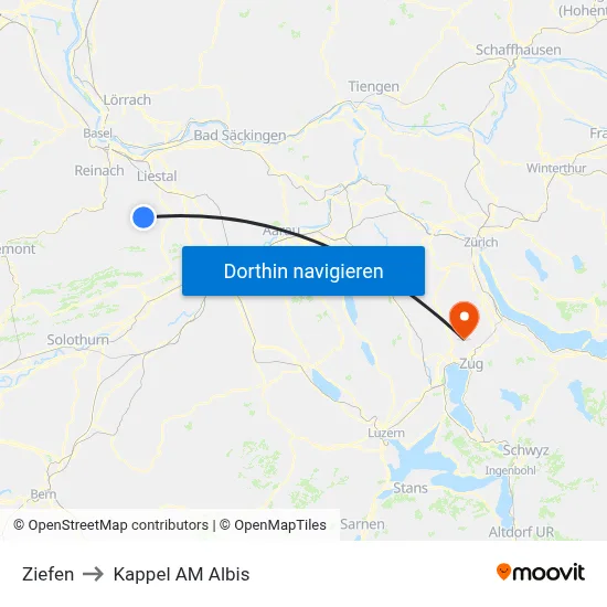 Ziefen to Kappel AM Albis map