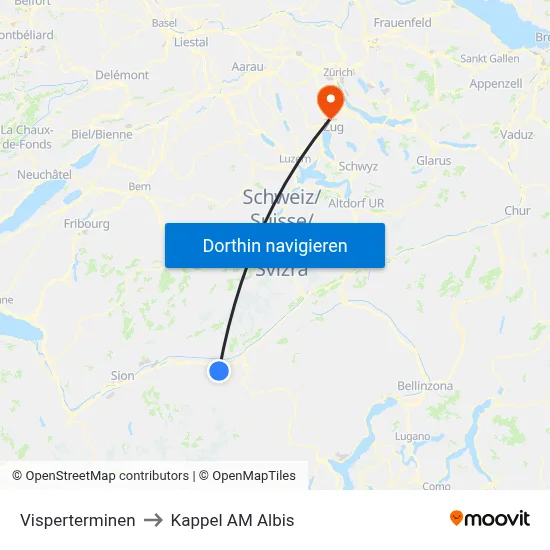Visperterminen to Kappel AM Albis map