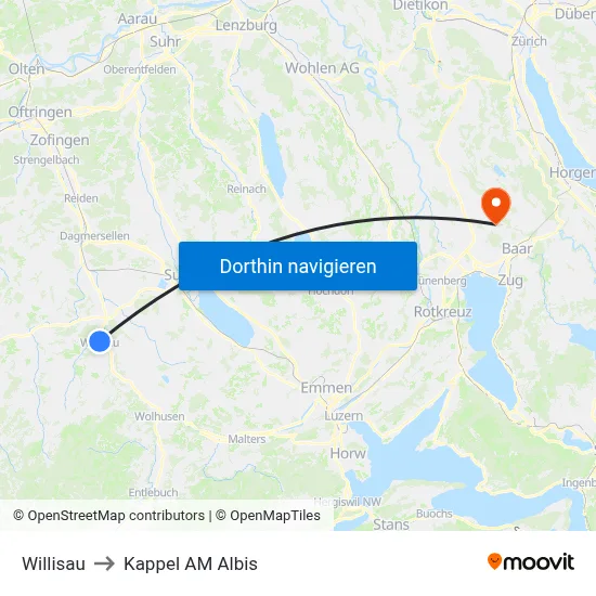 Willisau to Kappel AM Albis map