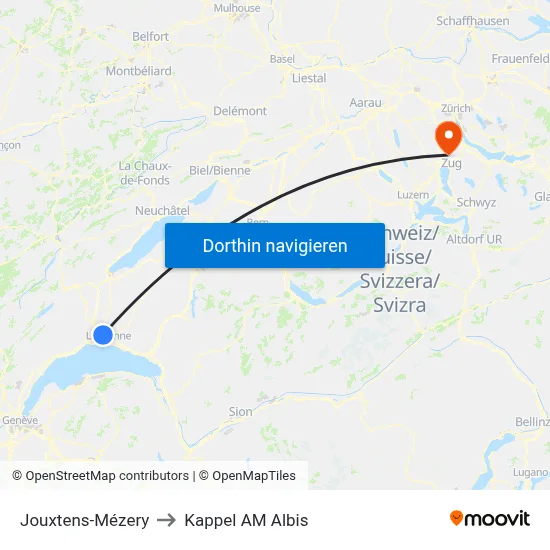 Jouxtens-Mézery to Kappel AM Albis map