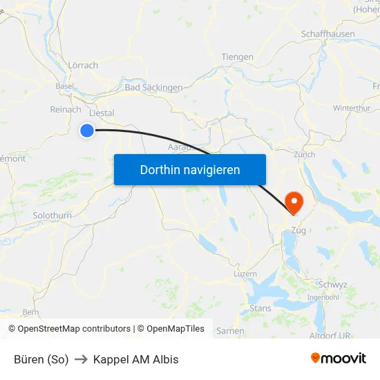 Büren (So) to Kappel AM Albis map