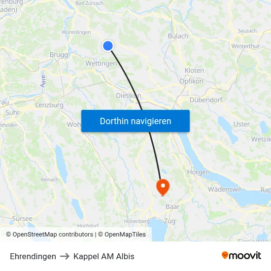 Ehrendingen to Kappel AM Albis map