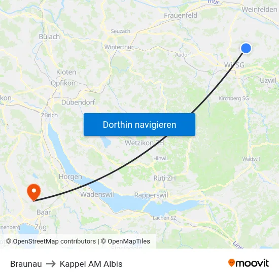 Braunau to Kappel AM Albis map