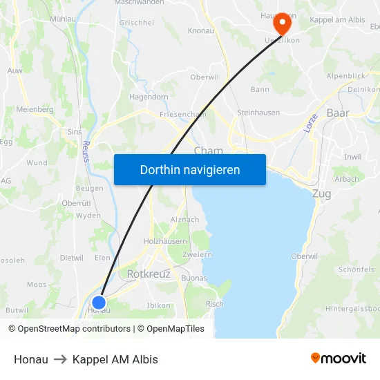 Honau to Kappel AM Albis map