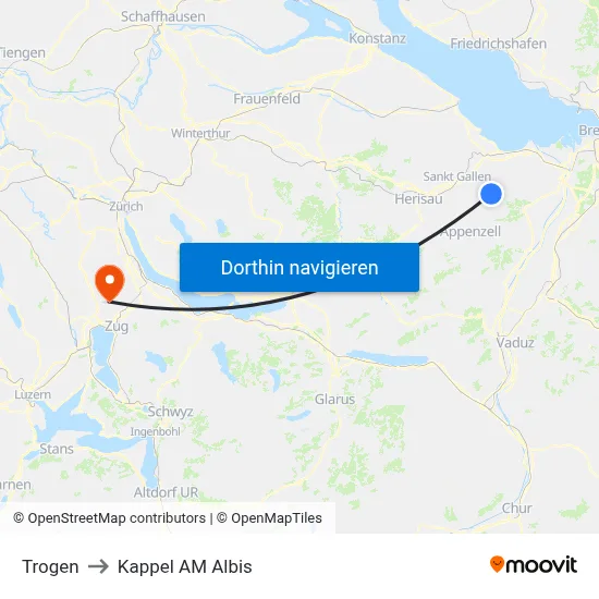 Trogen to Kappel AM Albis map