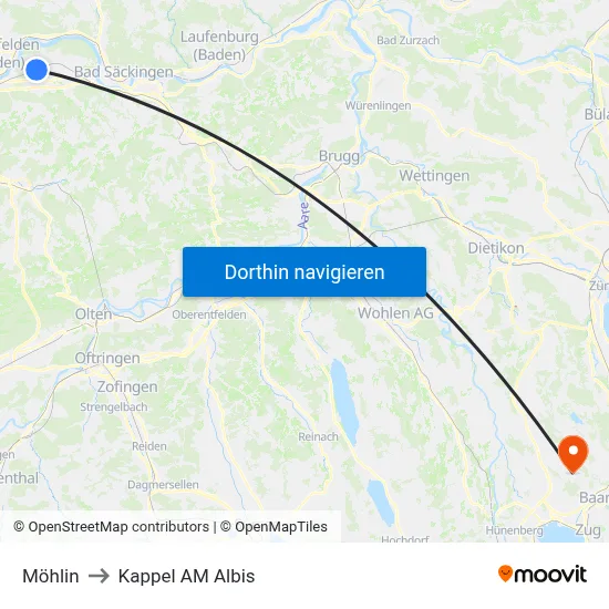 Möhlin to Kappel AM Albis map