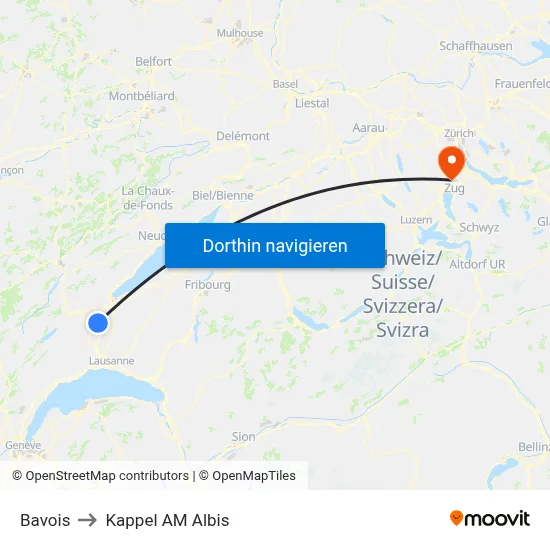Bavois to Kappel AM Albis map