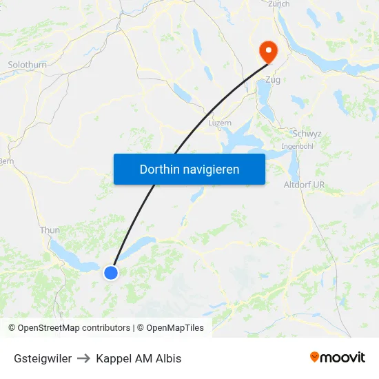 Gsteigwiler to Kappel AM Albis map