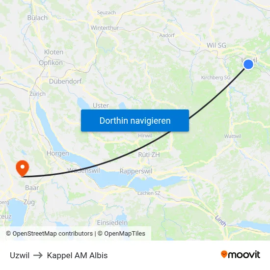 Uzwil to Kappel AM Albis map