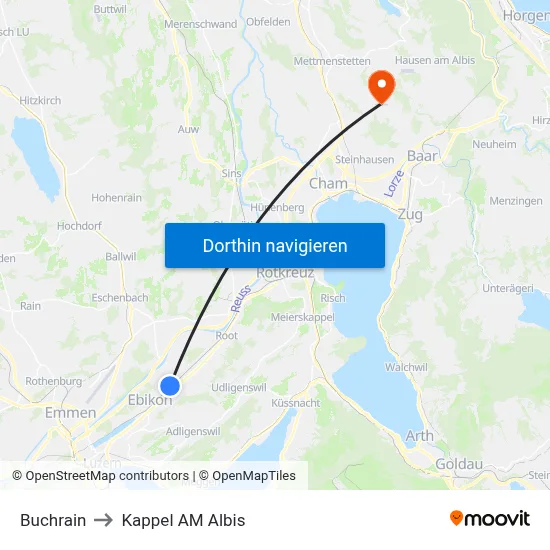 Buchrain to Kappel AM Albis map